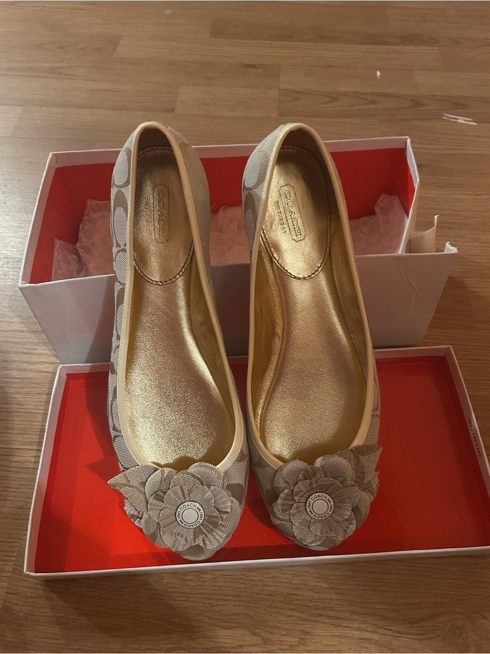 Coach Khaki and Gold Signature Floral Ballet Flats